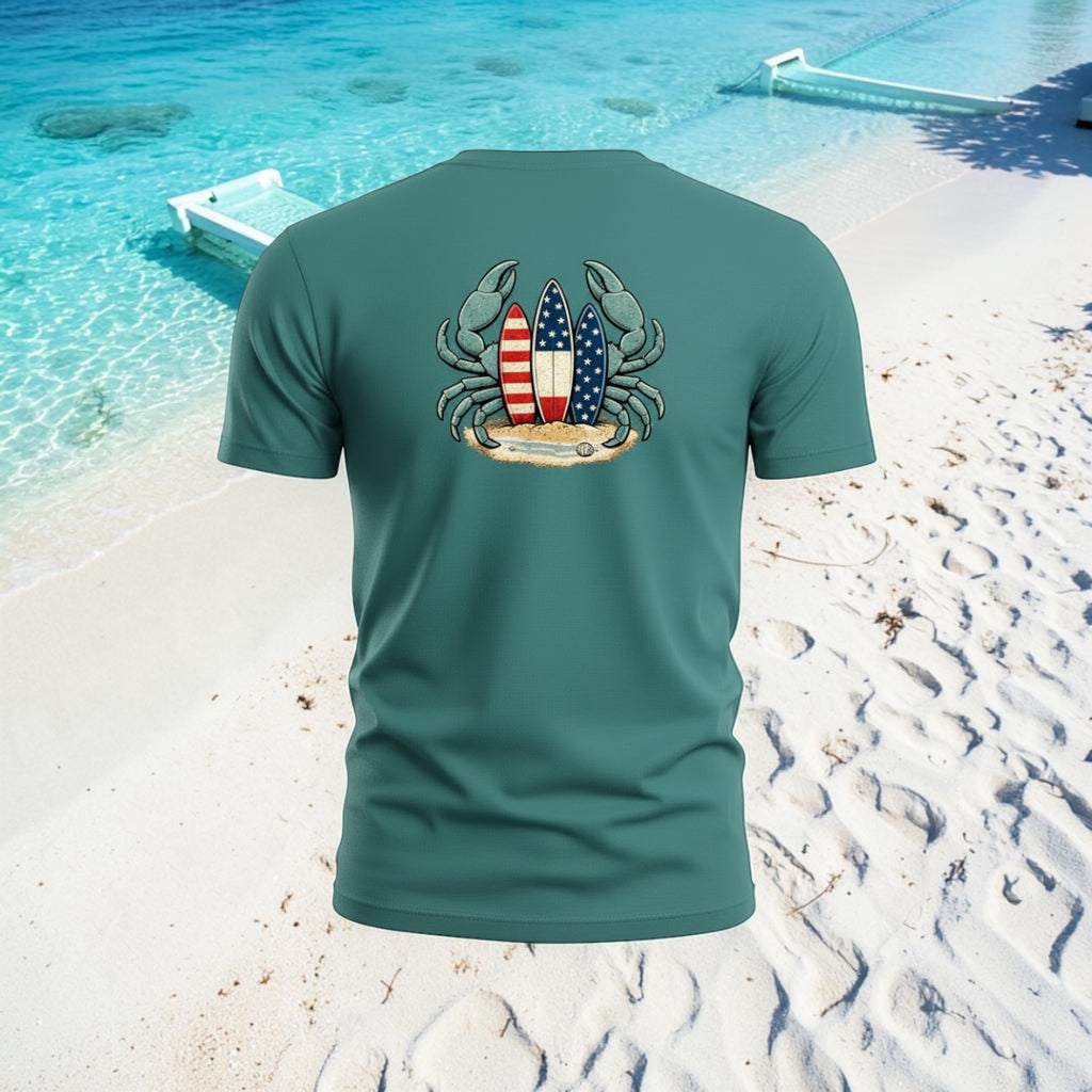 Low Tide Crab Tee – Patriotic Surf Graphic Tee | Blue Crab Surfboard Shirt | 4th of July Beach Gift