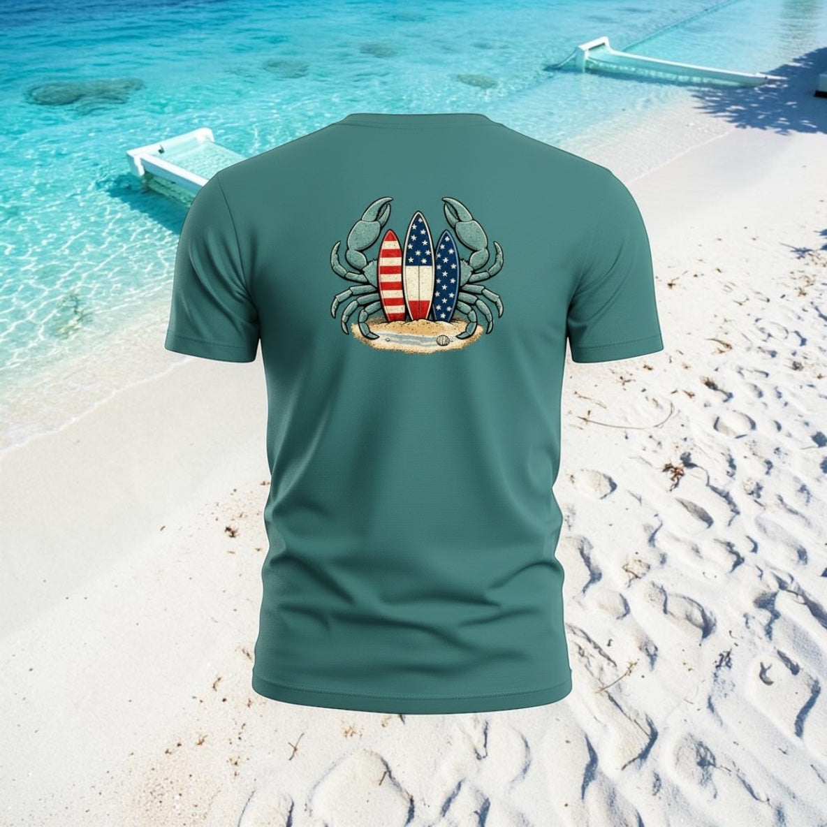 Low Tide Crab Tee – Patriotic Surf Graphic Tee | Blue Crab Surfboard Shirt | 4th of July Beach Gift