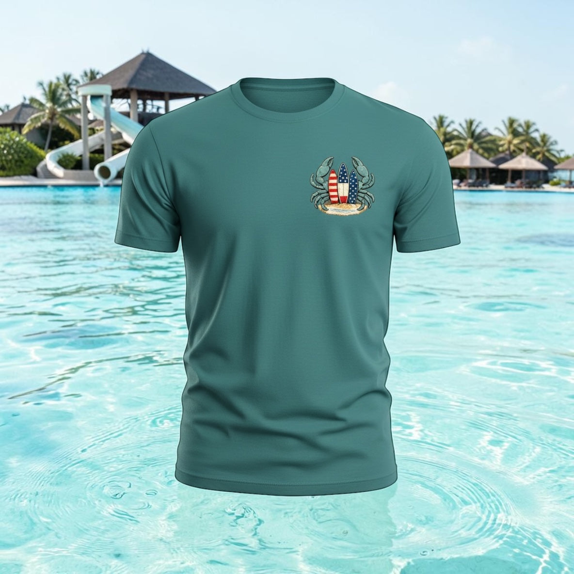 Low Tide Crab Tee – Patriotic Surf Graphic Tee | Blue Crab Surfboard Shirt | 4th of July Beach Gift