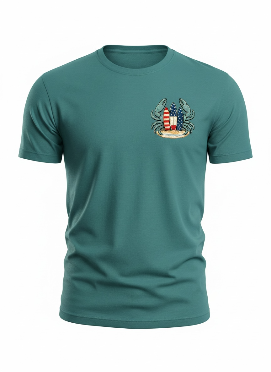 Low Tide Crab Tee – Patriotic Surf Graphic Tee | Blue Crab Surfboard Shirt | 4th of July Beach Gift