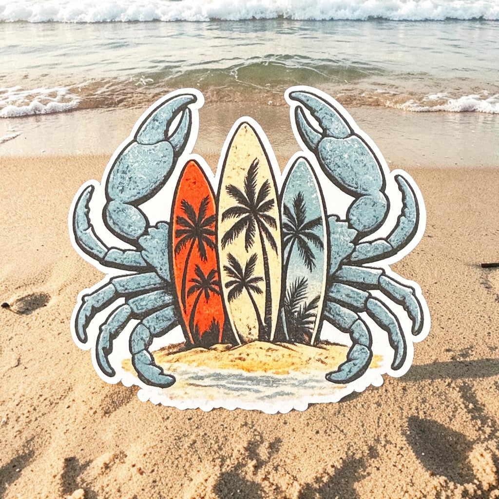 Low Tide Crab Sticker | Retro Surf Crab Vinyl Sticker | Beach Graphic Decal