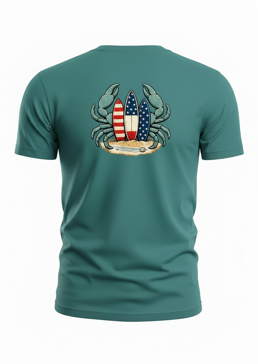 Low Tide Crab Tee – Patriotic Surf Graphic Tee | Blue Crab Surfboard Shirt | 4th of July Beach Gift