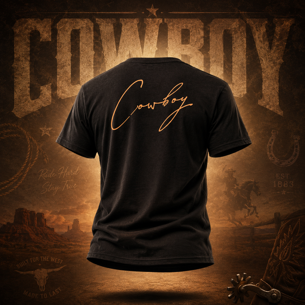 Cowboy T-Shirt | Western Script Tee | Rodeo Shirt for Men | Black & Gold | Cowboy Gift