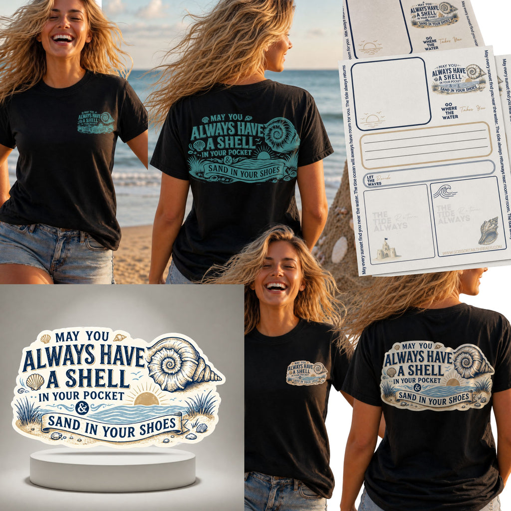 The Shell & Sand Bundle | May You Always Have A Shell In Your Pocket Tee, Stationery, Sticker Bundle