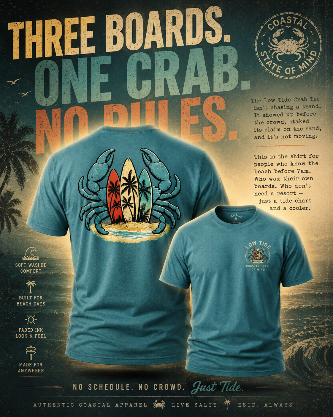 Low Tide Crab Tee | Retro Surf Graphic Tee | Blue Crab Surfboard Shirt | Beach Gift