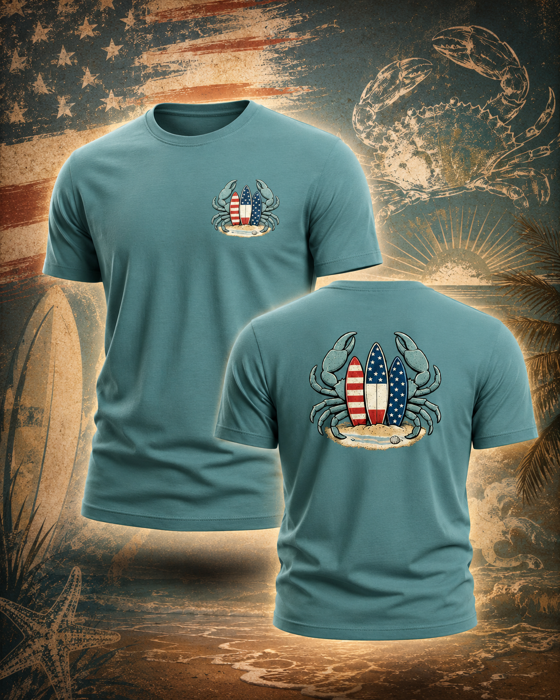 Low Tide Crab Tee – Patriotic Surf Graphic Tee | Blue Crab Surfboard Shirt | 4th of July Beach Gift