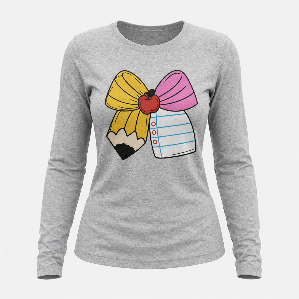 Teacher Life Pencil Bow Long Sleeve Tee – Heather Gray
