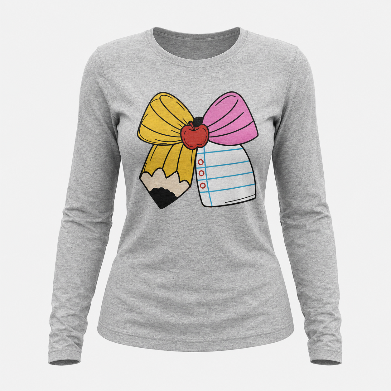 Teacher Life Pencil Bow Long Sleeve Tee – Heather Gray