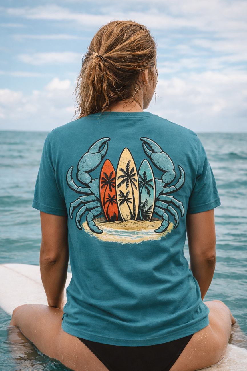 Low Tide Crab Tee | Retro Surf Graphic Tee | Blue Crab Surfboard Shirt | Beach Gift