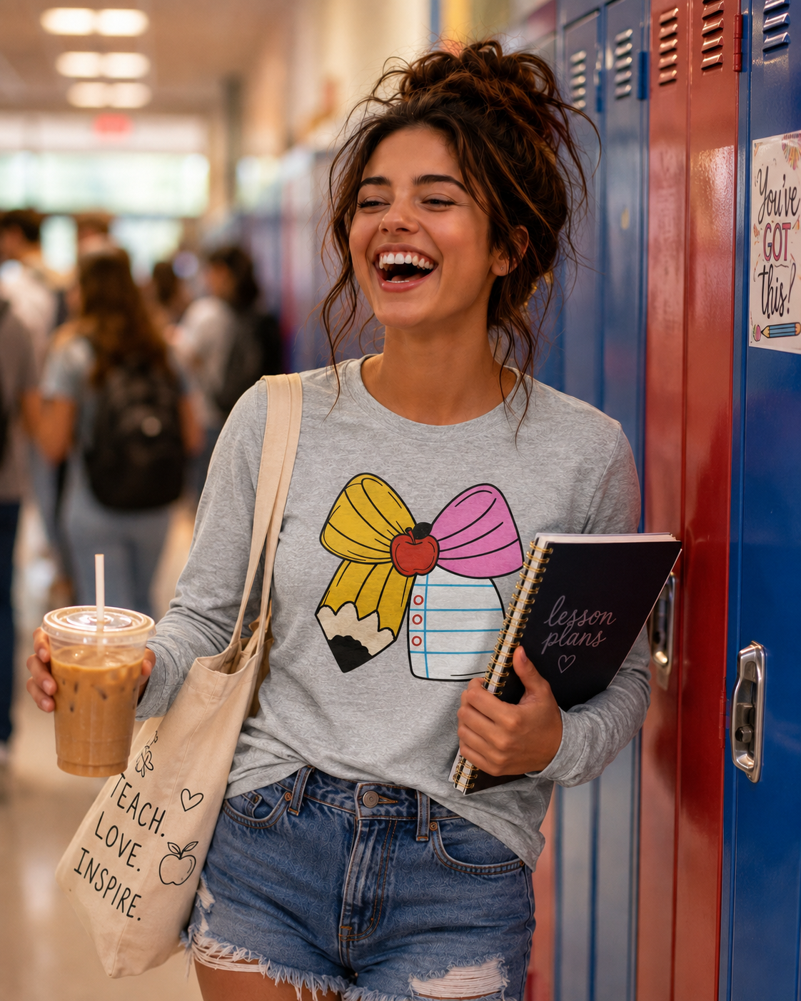 Teacher Life Pencil Bow Long Sleeve Tee – Heather Gray