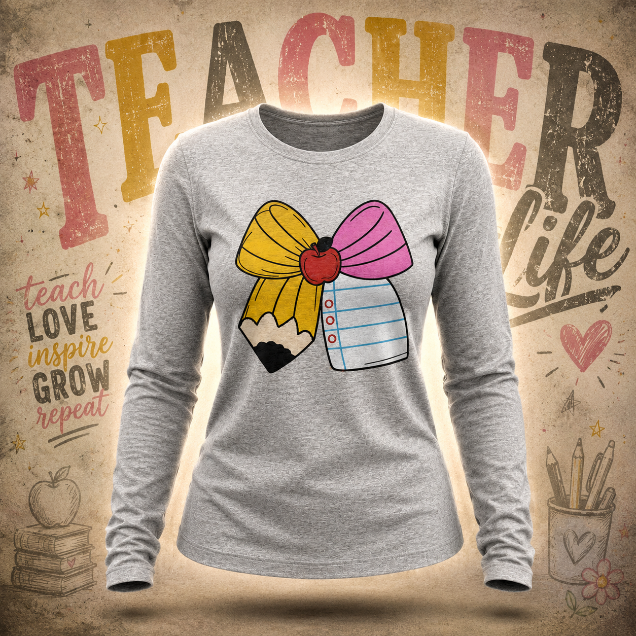 Teacher Life Pencil Bow Long Sleeve Tee – Heather Gray