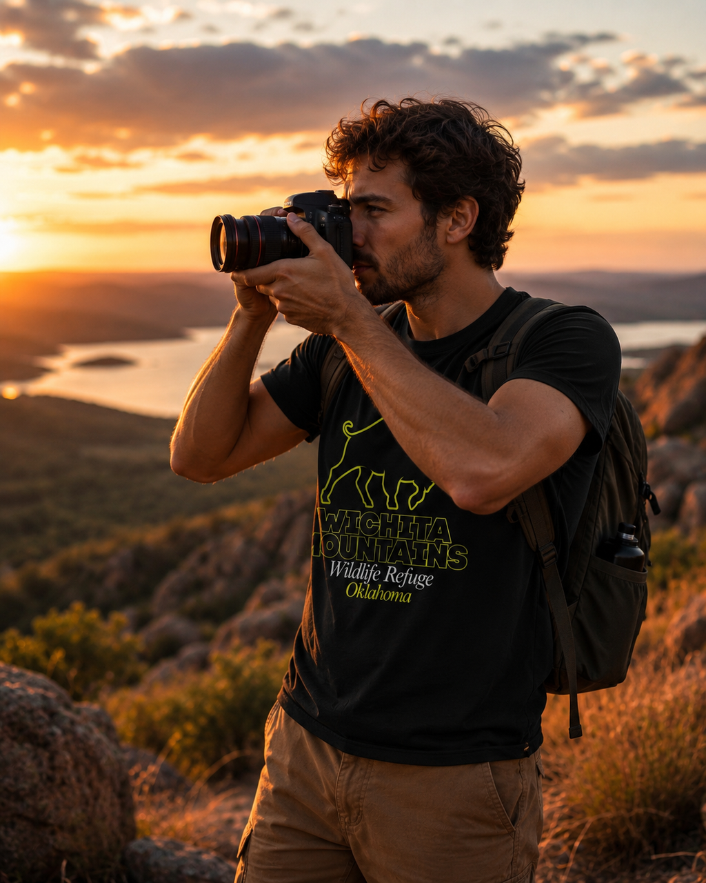 Man wearing Wichita Mountains Wildlife Refuge tee on granite ridge at sunset, Wichita Mountains Oklahoma
